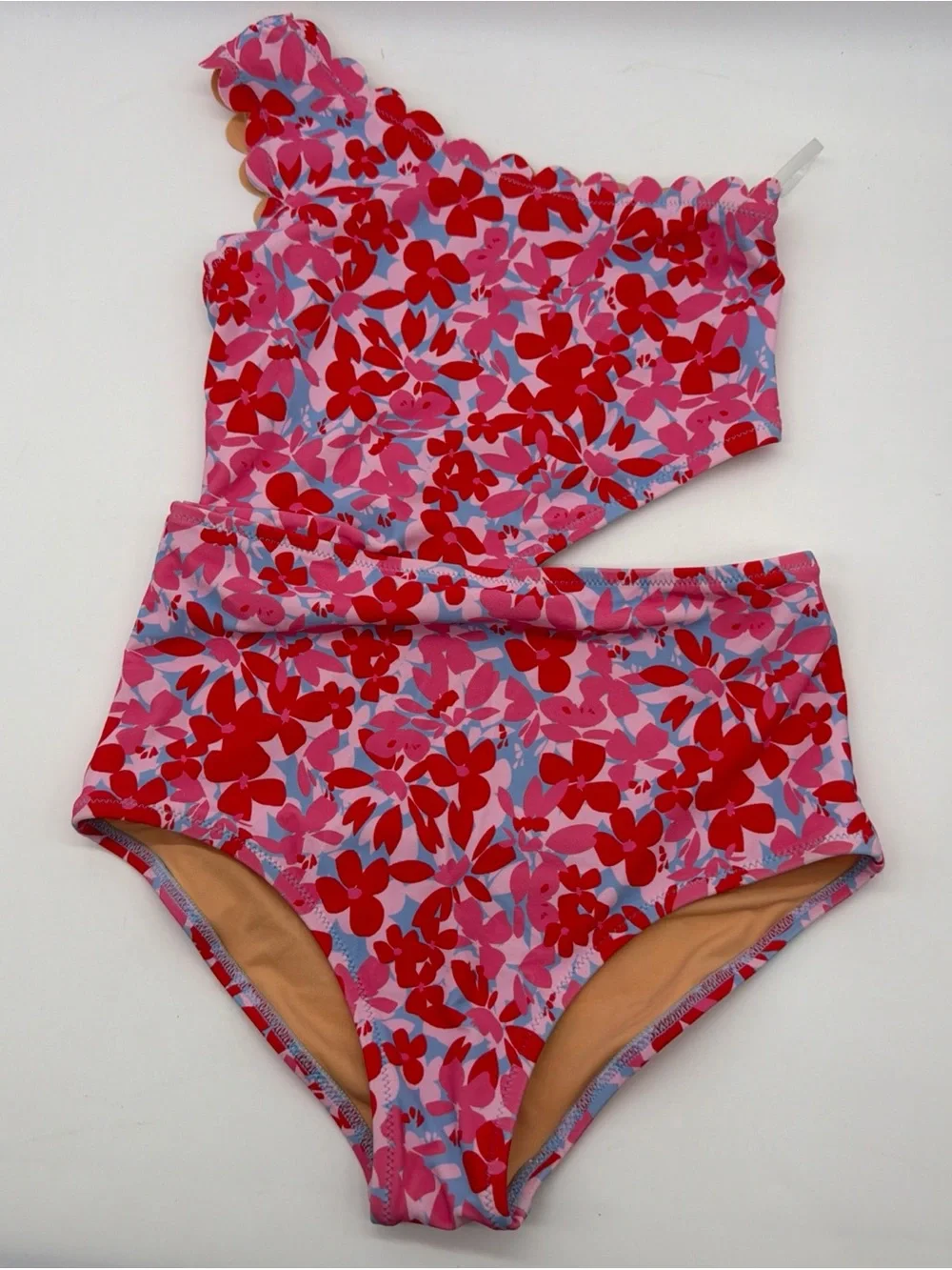 Crewcuts Scalloped One-Shoulder Swimsuit Girls Size 10 Red Pink Floral Cutout
